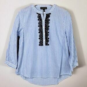 Boho Chic NWOT Striped Popover Blouse W/ Lace Button Detail, Medium, The Limited